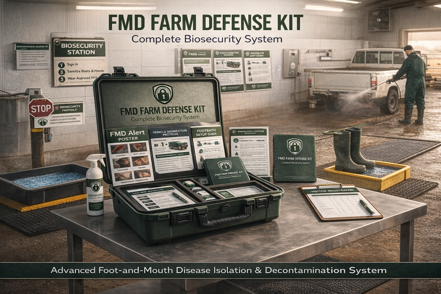 Complete farm biosecurity workflow showing vehicle wash bay, boots, FMD Farm Defense Kit case, signage, and worker disinfecting vehicle