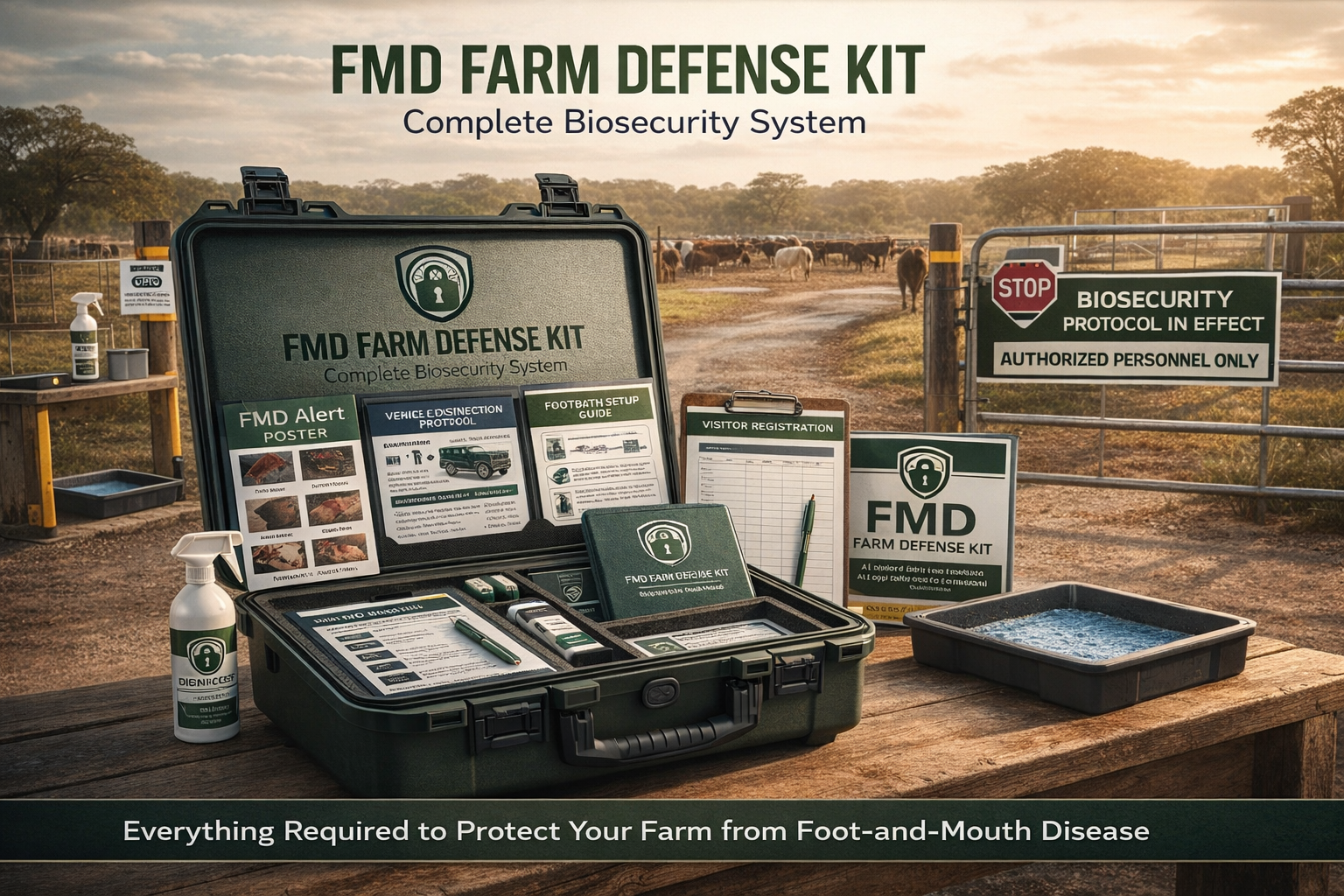 FMD Farm Defense Kit complete biosecurity system showing open case with protocol cards, PPE equipment, and deployment materials